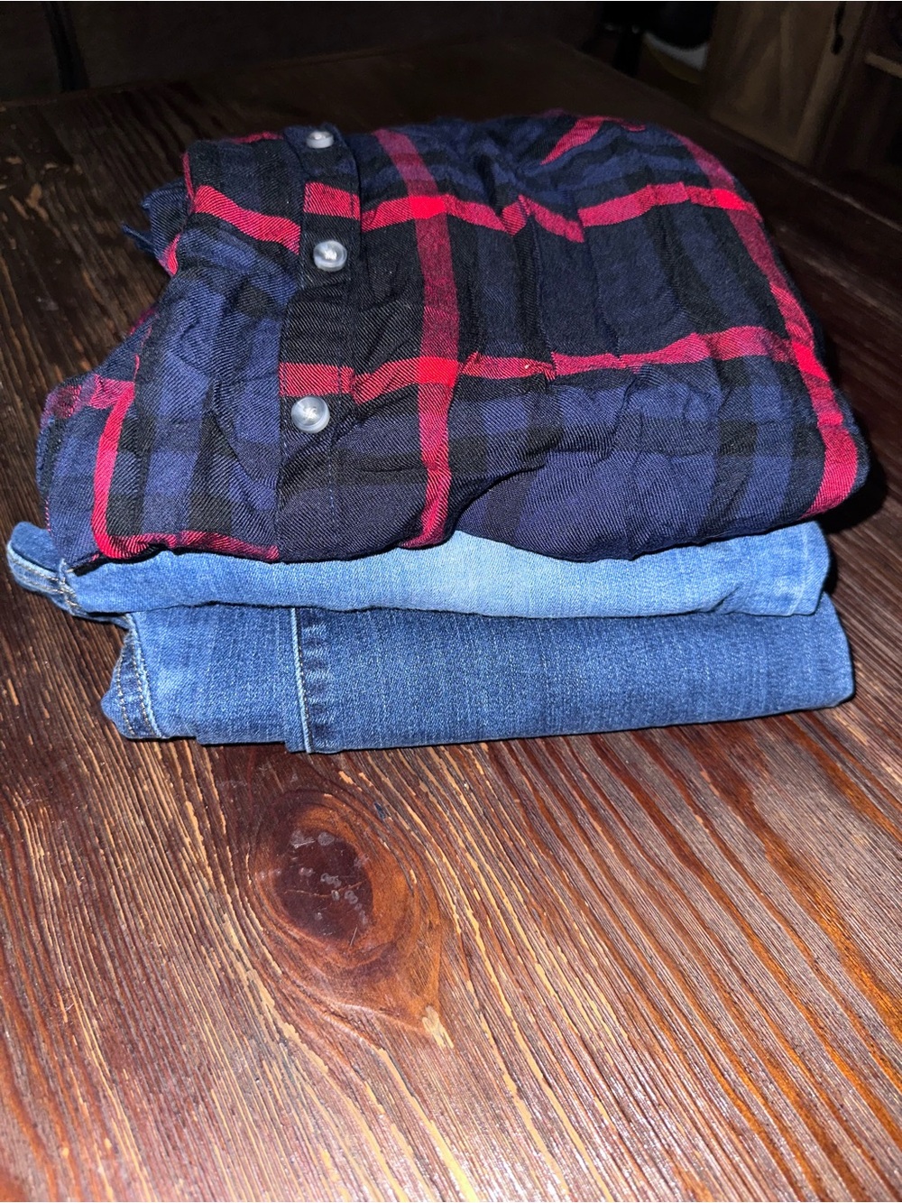 Isabel Maternity Clothes Bundle: Straight & Boot Cut Jeans and Plaid Button Down